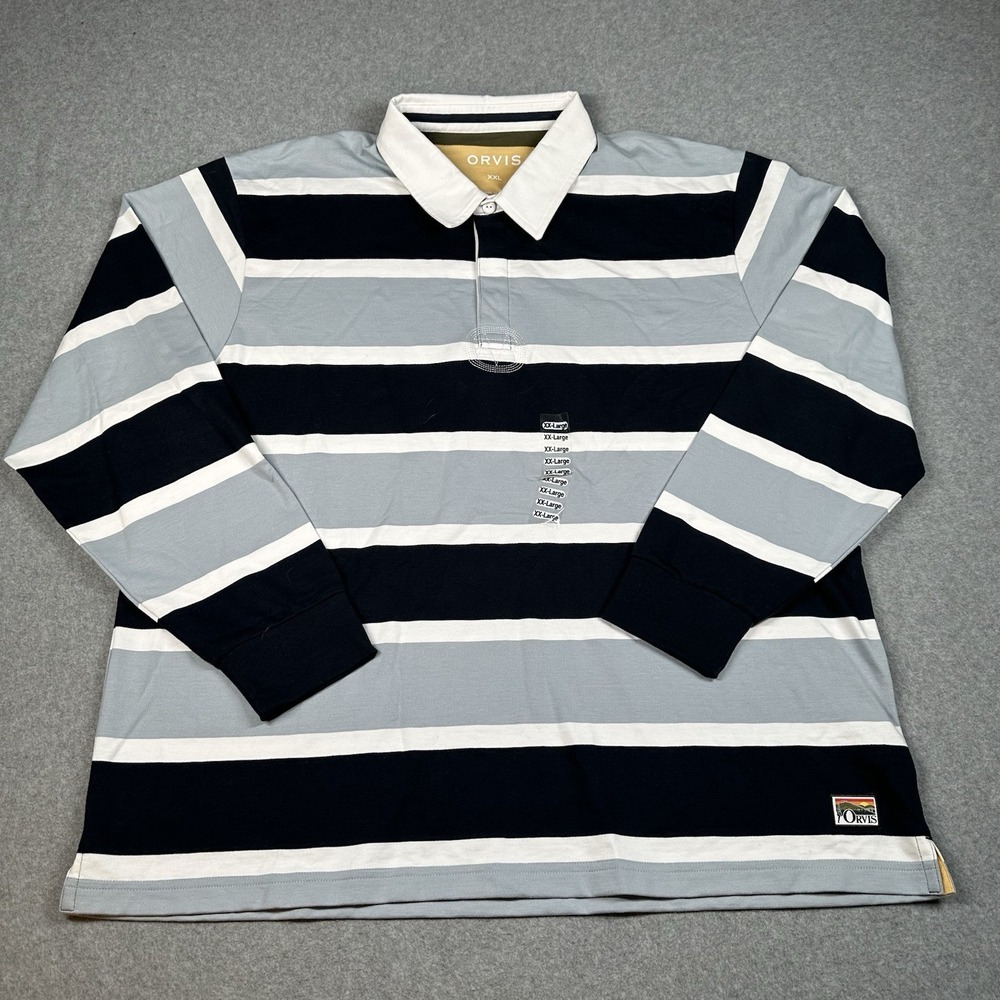 Orvis Rugby Shirt XXL Stripe Blue Long Sleeve Cotton Rugby Polo NWT